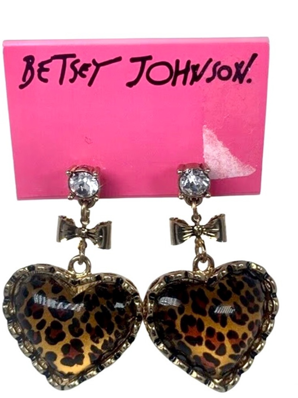 Betsey Johnson Gold-Tone Leopard Heart Drop Earrings with Clear Stones